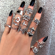Punk Vintage Silver Color Poker Billiards Ring Set for Women Gothic Heart Anillos Hip Hop Y2k Korean Fashion Male Gift Jewelry
