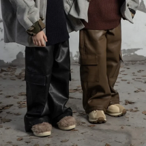 Fashion Baby Boy Girl PU Leather Loose Cargo Pant Fleece Inside Child Faux Leahter Trousers Warm Winter Spring Kid Clothes 1-14Y