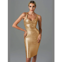 New Women Summer Style Sexy Sleeveless Backless Gold Silver Bronzing Midi Bodycon Bandage Dress 2022 Elegant Evening Party Dress