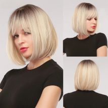 LOUIS FERRE Short Blonde Bob Wig with Bnags Platinum Blonde Wig for Women Brown Rooted Synthetic Hair Heat Resistant Fibre