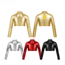 Glossy Shiny Metallic Crop Top Kids Girls Rave Outfits Long Sleeves T-Shirts Mock Neck Short Crop Tops Workout Stage Performance