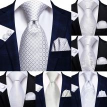 2022 New Mens Tie White Grey Dot Hanky Cufflinks Set Silk Necktie For Men Wedding Party Business Mens Tie Fashion Brand Hi-Tie