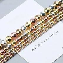 Silver Plated rose Gold Color Faceted Round Hematite bead 2 4 6 8 10mm stone loose Spacer bead for jewelry Making bracelet DIY