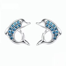 Kaletine Fashion 925 Sterling Silver Stud Earrings Dolphin Sea Ocean Blue CZ Summer Earrings For Women Kids Animal Jewelry