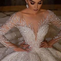 Customized Long Sleeve Shiny Ball Gown Wedding Dresses Backless Robe Mariage Sequined Vintage Princess Vestido de novia boda