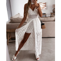 Summer V Neck Solid Color Lace Hollow-Out Sleeveless Sling Party Wear High Waist Rompers Holiday Casual White Women's Jumpsuit