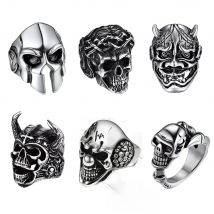 U7 Stainless Steel Skull Rings for Men Vintage Hannya Mask Devil Horn Skull Jesus Sparta Helmet Gothic Signet Ring Jewelry