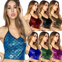 Club Party Sparkly Corset Crop Top Women Mermaid Sequin Metallic Wetlook Jeans Bikini Halter Tank Vest Backless New Stage Wear