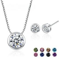 925 Sterling Silver Pendant Necklace Stud Earrings 9 Colours Fashion Jewelry Set CZ  Crystal Women Girls Party Engagement
