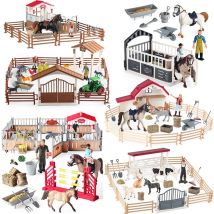 Oenux Farm Stable House Model Scene Action Figures Fence Horseman Farmer Poultry Horse Animals Figurine Cute Kids Toy Gift