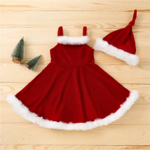 Christmas Baby Girls Velvet Stitchinge Dress Solid Square Collar Suspender Skirt Party Pageant Santa Dresses with Hat, 18M-6Y
