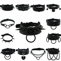 Halloween Emo Cosplay All Black Goth Choker Necklaces For Women Men Punk Spike Rivet Round Heart Bell Belt Necklaces Y2K Jewelry