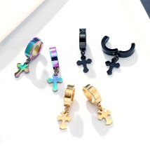 Trend Fashion 1pair Men's Women Stainless Steel Punk Hoop  Earrings Cross Huggie Earrings Circle Simple Ear Buckle clip earrings