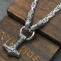 Stainless Steel Wolf Head with King Chain Necklace thor's hammer mjolnir viking  Rune Amulet Domineering Biker Jewelry