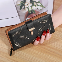 Women Wallet PU Leather Purse Female Long Wallet Gold Hollow Leaves Pouch Handbag For Women Coin Purse Card Holders Clutch