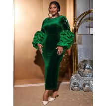 2024 Green Vintage Velvet Christmas Party Dress For Women O Neck Lantern Sleeves Nail Beads Wedding Birthday Party Banquet Gowns