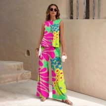 Harajuku Colorful Floral Pattern Print 2 Piece Womens Elegant O Neck Pullover And Straight Leg Pants Set Spring Summer Beach Set
