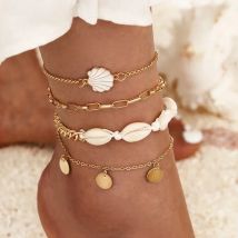 4 Pieces Women Bohemian Shell Chain Sequins Ankle Bracelet Set Foot Jewelry Summer Beach