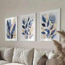 3 Pcs/Set Frameless Blue and Light Gold Watercolor Plants Abstract Flowers Canvas Poster Picture Wall, Suitable for Modern Living Room
