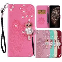 Flip Glitter Leather Wallet Case for Samsung Galaxy S24 S25 Ultra S23 S22 Plus A06 A16 A36 A56 A55 A15 A35 Emboss Owl Bag Cover