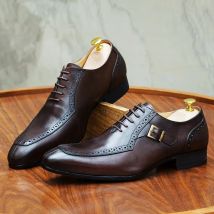 Men's Luxury Leather Dress Shoes Brown/Black Office Business Wedding Formal Lace-Up Pointed Toe Oxford with Buckle