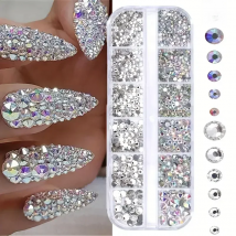 Boxed 3D Flat Back Nail Rhinestones Nail Gems Glass AB & Clear Crystal Rhinestones Kit Nail Art Charms DIY Manicure Accessories