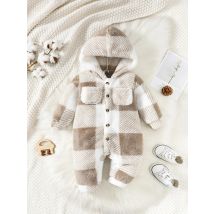 Baby Boys and Girls Plaid Romper Hooded Long Sleeved Plush Jumpsuit Winter Warm Bodysuit Clothes for 3-24 Months Toddler Boy