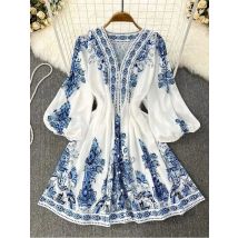 Spring Elegant Women Dress 2025 Fashion Lantern Sleeve V Neck Boho Print Dress Vintage Belt Loose Party Dresses Femme Vestidos