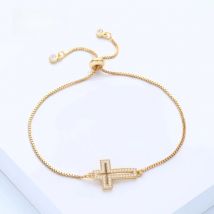 FLOLA New Cubic Zirconia Sideways Jesus Cross Bracelet Women Adjustable Gold Plated Bracelet with Cross Religious Jewelry brta17