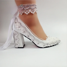 BaoYaFang New Arrival Thick Heel Pointed Toe Womens Wedding Shoes High Heels ladies fashion shoes woman White Lace ankle strap