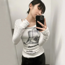 Karrram Grunge Print Long Sleeve T-shirt Korean Fashion Graphic T Shirts Y2k Aesthetics Kpop Tops Sexy Slim Tee Shirt Streetwear