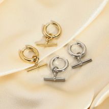 New Trendy Stainless Steel T-bar Hanging Earring Waterproof Jewelry Gold Plated Chunky Hoop Earrings for Women Girl Fashion Gift