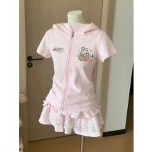 Japanese Kawaii Pink Short Sleeve T-Shirts Women Summer Sweet Slim Hooded Tops Female Design Casual New Zipper Lovely Outfits