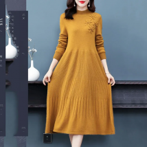2024 Autumn Winter New Women Sweater Dress Mid-Calf Long Chic Female Dresses A-Line Embroidered Wool Knitted Dresses s1392