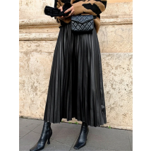Black PU-leather Pleated Skirt New Women High Waist Fashionable All-match A-Line mi-long Skirt Female