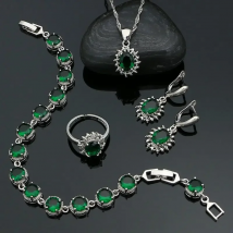 925 Silver Jewelry Set Emerald Cubic Zirconia Adjustable Ring Earrings Pendant Chain Bracelet Anniversary Jewelry for Women