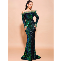 Missord Green Sequin Evening Dresses Elegant Women Off Shoulder Feather Long Sleeves Bodycon Maxi Mermaid Party Prom Dress Gown