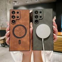 Luxury Leather For Magsafe Magnetic Wireless Charging Phone Case For Samsung S24 Ultra S23 S22 S21 S25 Note 20 Ultra Plus Cover