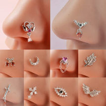 1PC Surgical Steel Cz Demon Angel Nose Studs Crystal Heart Dangle L Shape Nose Bone Ring Studs Ear Tragus Piercing Jewelry 20G