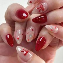 24pcs Glossy Almond False Nails Wine-red French Bowknots Cherry Pattern Press On Nails Valentine's Day Wearable Charm Manicure