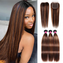 4x4 5x5 Closure With Bundles FB30 Brown Straight Bundles With Closure Ombre Colored Highlight Human Hair Bundles With Closure