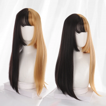 24" Synthetic Red Purple Wigs for Women Hime cut Fringe Bangs Split Dye Halloween Party Cosplay items Wig Half and Half Color