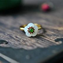 New silver inlaid natural Hotan White Jade Flower Ring Chinese style court minority design charm women's brand jewelry