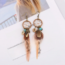 TopHanqi Bohemian Hollow Dream Catcher Leaf Feather Earrings For Women Indian Jewelry Blue Natural Stone Drop Dangle Earrings