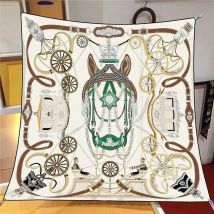 90CM Silk Scarf Women Horse Carriage Print Square Scarves Head Echarpes Silk Foulards Femme Wraps Beach Shawl Bandana Lady Hijab