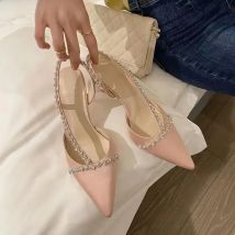 Luxury Crystal Embellished Slingback Pumps High Heel Pointed Toe Shinny Metallic Leather Black/pink Party Dress Shoes 2022 New