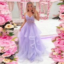 Elegant Lavender Prom Dress Spaghetti Strap V-Neck Appliques Tulle Princess Gown Backless Lace Up A-Line Evening Dress Custom
