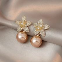 Rose Gold Pearl Flower Dangle Earrings for Women Silver Needle Full Rhinestone Korean Fashion Jewelry 2024 Accessories