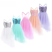 Kids Girls Sequins Ballet Tutu Dress Sleeveless Hi-lo Fairy Tulle Gymnastics Leotard Dress Ballerina Dance Performance Costumes