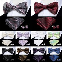 Hi-Tie 60 Colors Silk Mens Bowtie Jacquard Woven Adult Bow Tie Hanky Cufflinks Set Pre-tied Butterfly Knot Wedding Party Gift